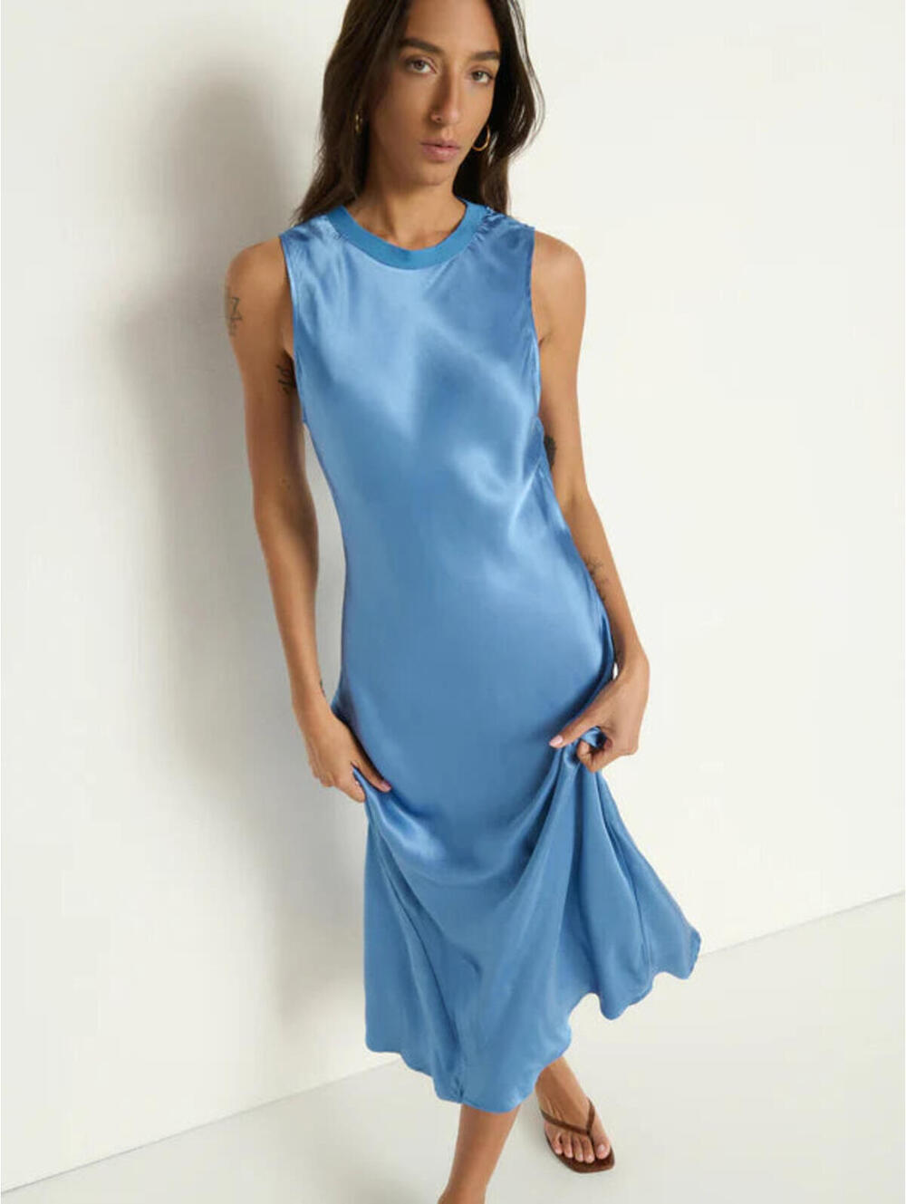 Nation Dulce Crew Neck Satin Blue Midi Dress
